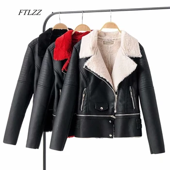 

FTLZZ Faux Sheepskin Coats Women Winter Hem Detachable Faux Soft Leather Lamb Fur Zipper Jacket Pu Moto Black Red Outerwear