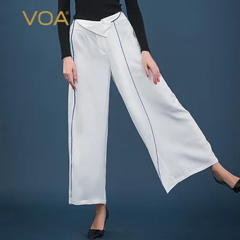 

VOA 40mm Medium Waist Decorative Open-line Selvage Non-symmetrical Contrast Color Joint Long Real Silk Loose Pants K901