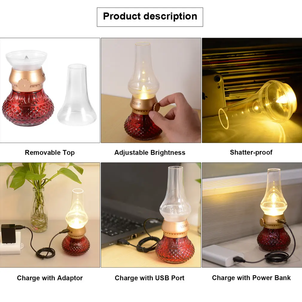 Retro Blow USB Rechargeable Blowing Control Adjustable Brightness LED Nightlight Table Lamp for Indoor & Outdoor