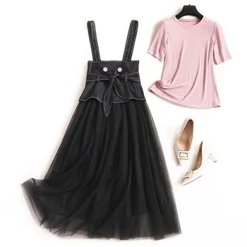 

Elegant Dress Lady 2020 New Fashion Designer Woman Clothes Short Sleeve Solid T Shirt+Empire Midi Strap Mesh Dress 2 Piece Sets