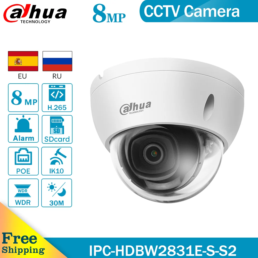 Dahua Original IPC-HDBW2831E-S-S2 8MP 4K POE SD Card Slot H.265+ 30M IR IVS Onvif IP67 Starlight Mini Dome Network IP Camera