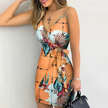 2020 Summer Women Holiday Floral Leaves Print Bodycon V neck Mini Dress Female Spaghetti Strap