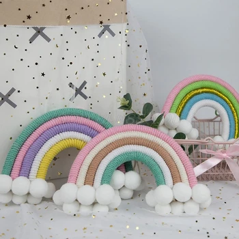

Hand Woven Rainbow Tapestry Wall Hanging Ornaments Kids Room Decorations Cloud Hair Ball Pendant Nursery Photo Props