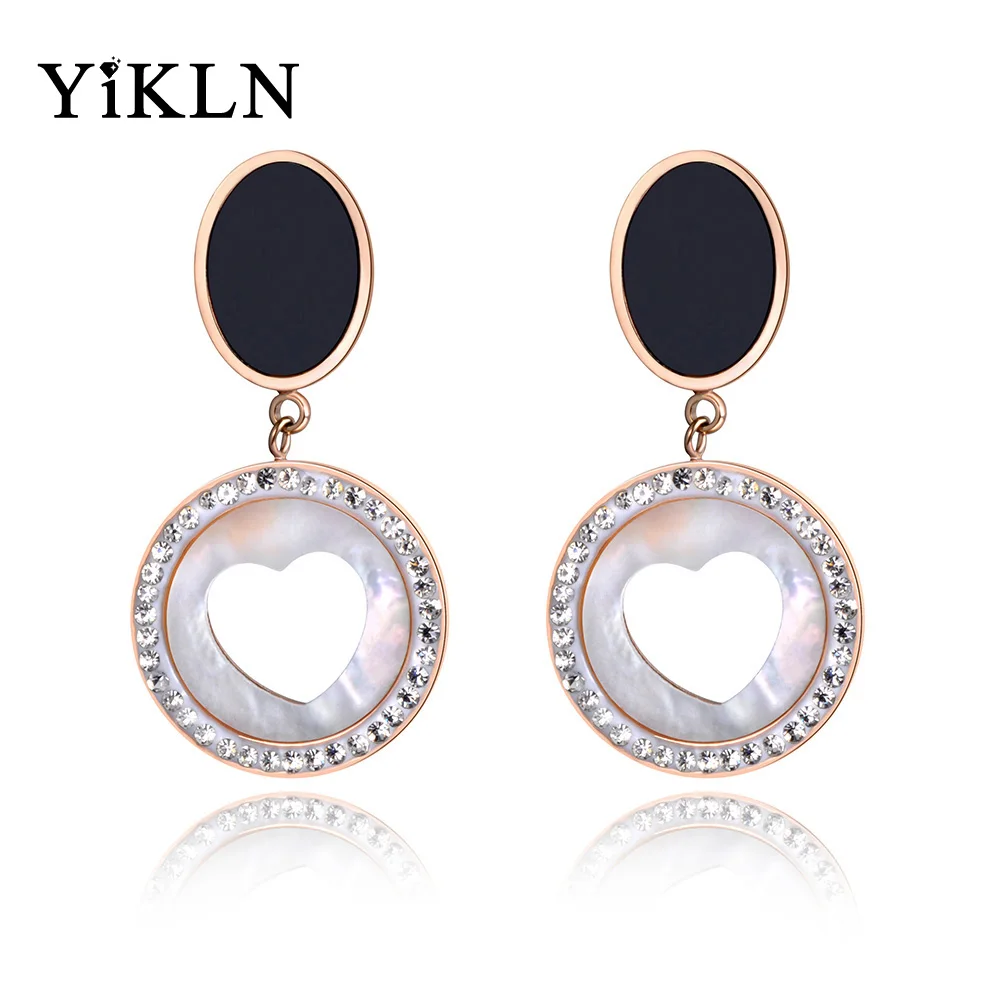 

YiKLN White Shell & Black Acrylic Heart Love Stainless Steel Stud Earrings Rose Gold Rhinestone Ear Jewelry For Women YE19016