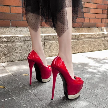 

Patent Leather Fish Mouth Single Shoes 17 Cm Thin Heels Super High Heels Model Catwalk Nightclub Sexy Party Womens Shoes Pumps