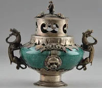 

christmas decorations for home+ CHINESE HANDWORK SILVER VINTAGE SIVER JADE LEO INCENSE BURNER