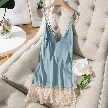 

Women New Nightgown Sexy Backless Lace Spaghetti Strap Patchwork Sleepwear Female Nightdress Sleepshirt Loose Nightshirt