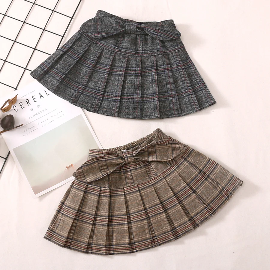 Winter Plaid Skirt for Baby Girl School Uniform Children Casual Pleated Bow Mini Skirts Toddler Plaid Bottoms