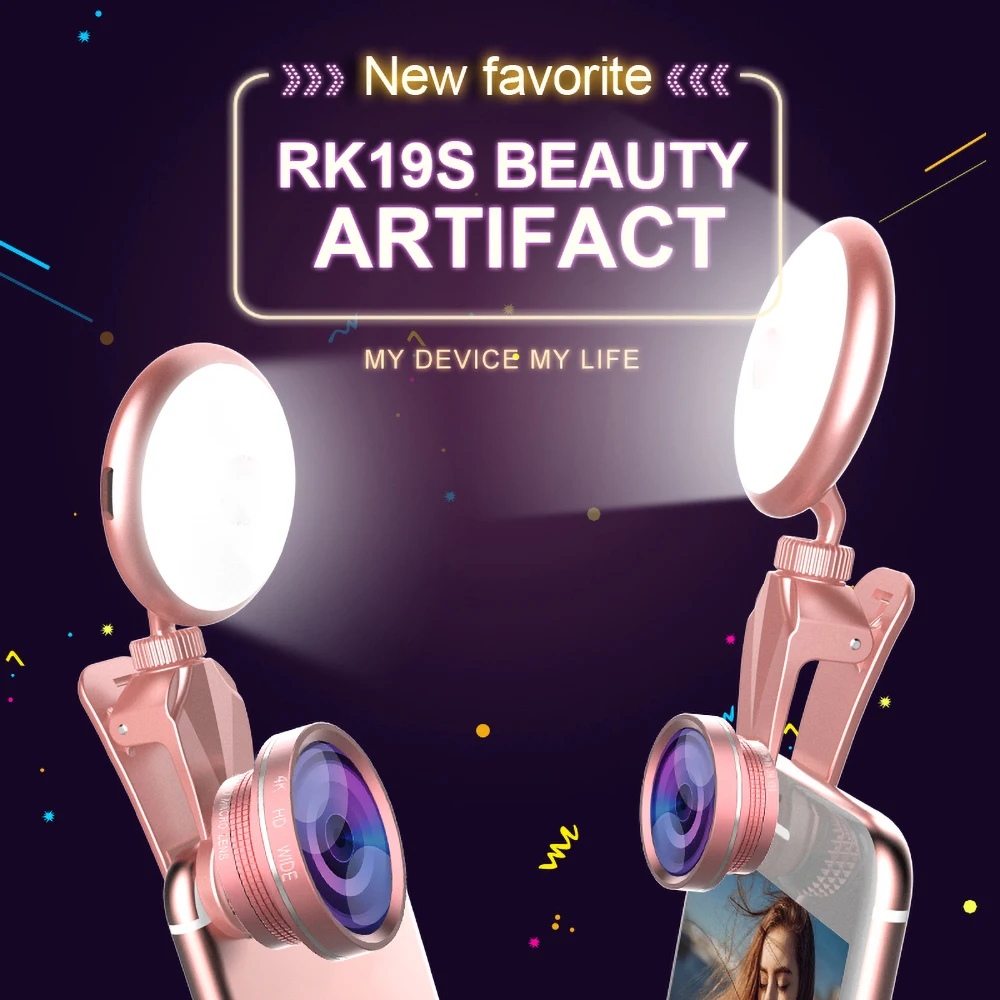 RK19S Универсальный селфи кольцо свет с HD рыбий глаз Широкоугольный макро объектив вспышка Led камера телефон фотография Эфирное для девочек