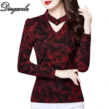 

Dingaozlz M-4XL New Elegant Printed Shirt Hollow out Women Tops Plus size clothing Fashion Long sleeve Blouse Mesh shirt Blusa