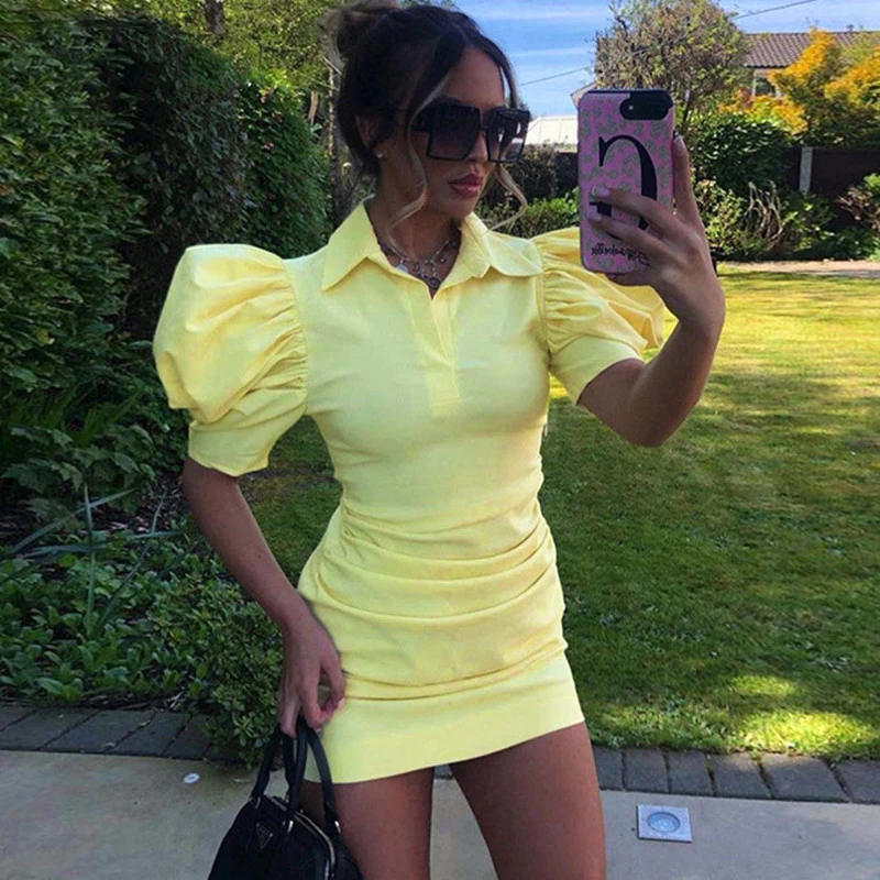 2021 Summer Short Puff Sleeve Bodycon Dress Women V Neck White Khaki Sexy Y2K Party Mini Casual Dresses mother of the groom dresses