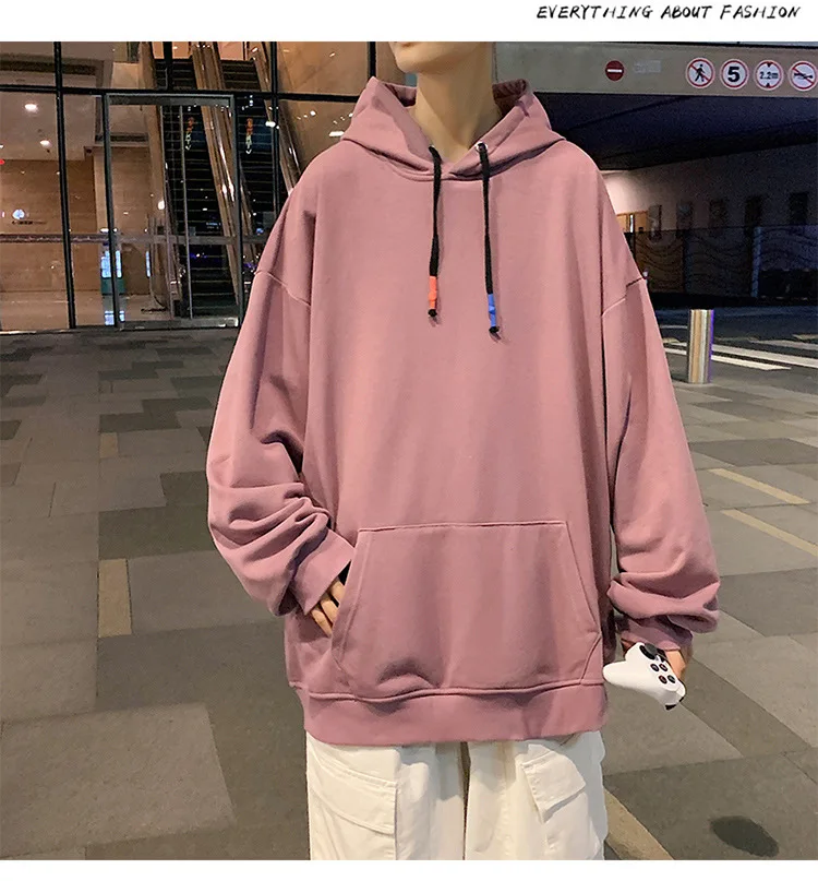 Hong Kong autumn students wear large size loose sweater 2021 new fashion brand men's clothing youth solid color hooded sweater sweatshirt
