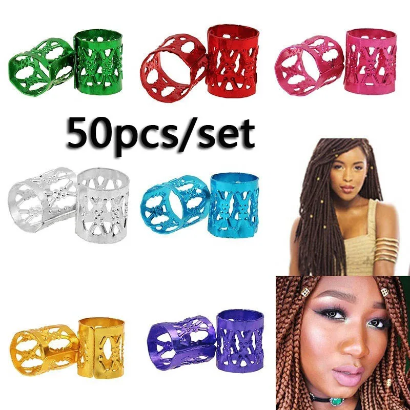 

Lackingone 50PCS/lot Mixed Color Dreadlock Beads Adjustable Hair Braid Cuff Clip 8mm Hole Hair Ring Mixed Color