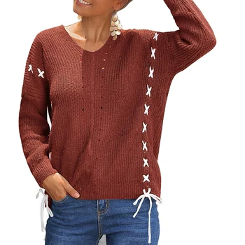 

Women's Cross Back Sweater Solid Color V-Neck Knitwear Casual Knit Pullover Tops Long Sleeve Bat Wool Sweather