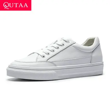 

QUTAA 2020 Casual Round Toe Platform Spring Ladies Sneakers Quality Cow Leather Wedge Low Heel Lace Up Women Shoes Size 35-39