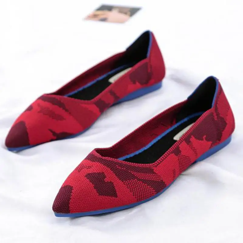 

34~44 Large Size Women Pointed Toe Knitted Flats Slip On Loafers Breathable Comfortable Ballet Shoes Flat Ballerina Shoes Women