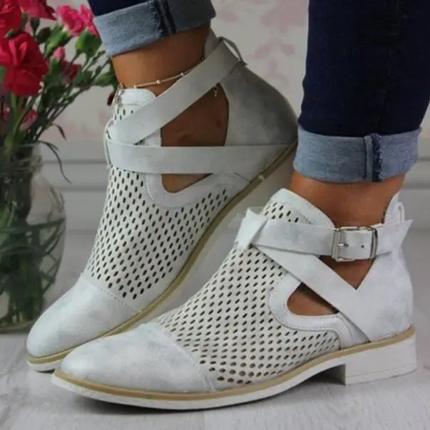 

Women Casual Ankle Boot Cut Out Slip On Low Heel PU leather Short Boots Female Autumn Winter fashion toe Pointed Shoes boot