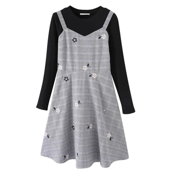 

EC.MS Women Dress 2020 Grey Checks Fake 2pcs Embroidery Flowers L XL XXL 3XL 4XL 5XL Party Dresses