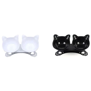 

2 Pcs Pet Cat Elevated Bowls Durable Double Bowls Raised Stand Cat Feeding Dog Feeder Pet Supplies-White+Black & Black