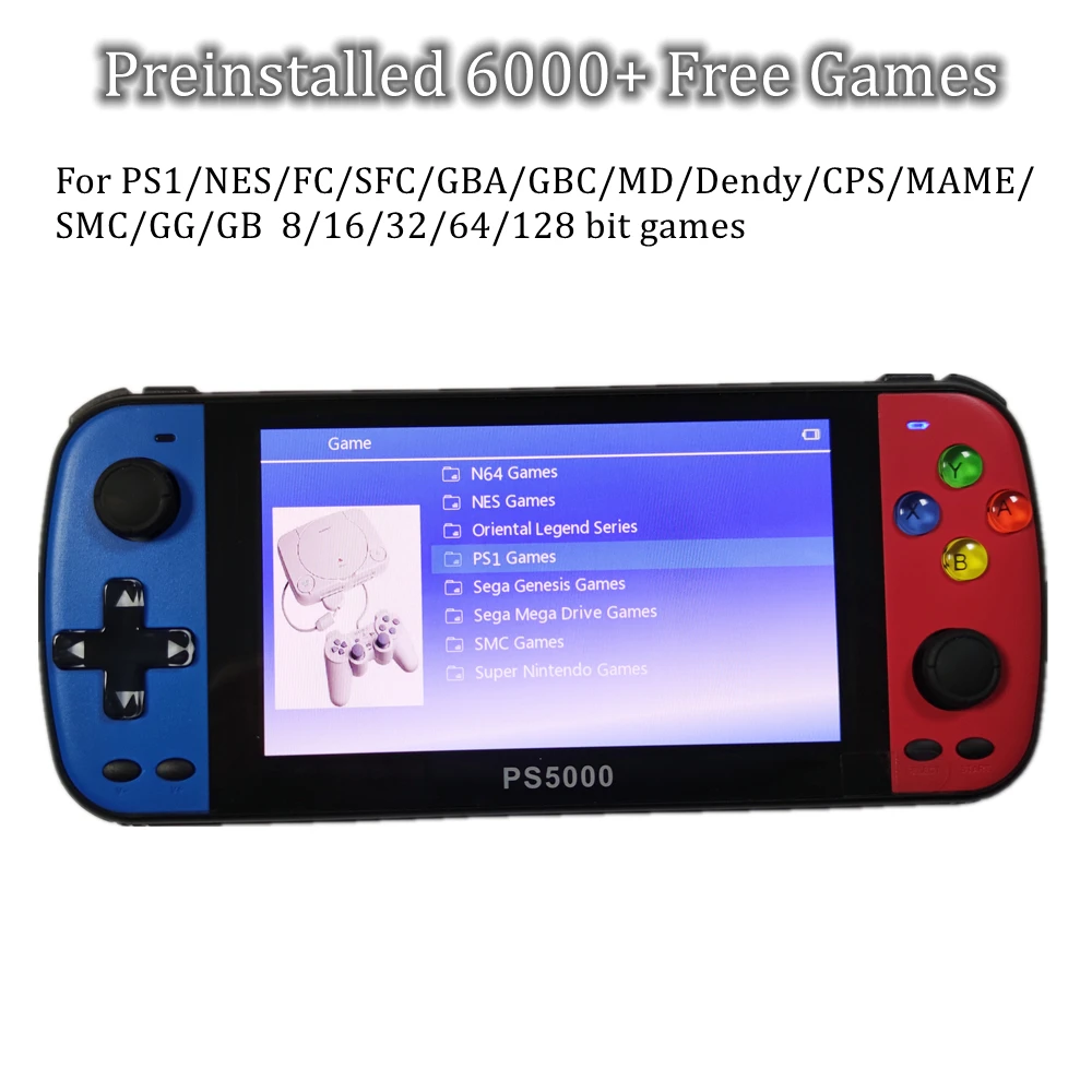 Top IPS screen 5 inch Portable Handheld Game Console PS5000 Q500 32G/64G with 6000+ games for PS1/MAME/MD/NES/SNES video gaming