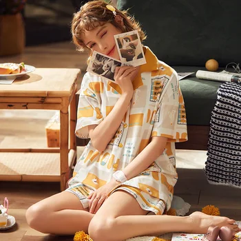 

2020 summer female print turn-down neck pajama sets women comfortable cotton house wear