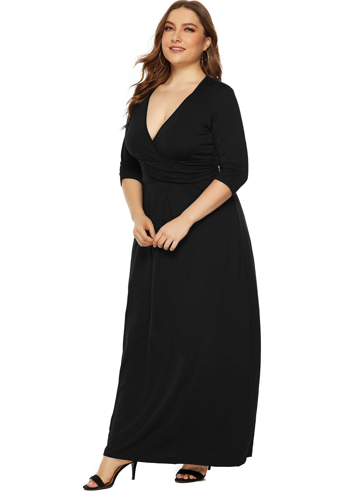 Women's Deep V Neck Slim Sexy Casual Long Dress Half Sleeve Solid Color Stretch Maxi Dresses