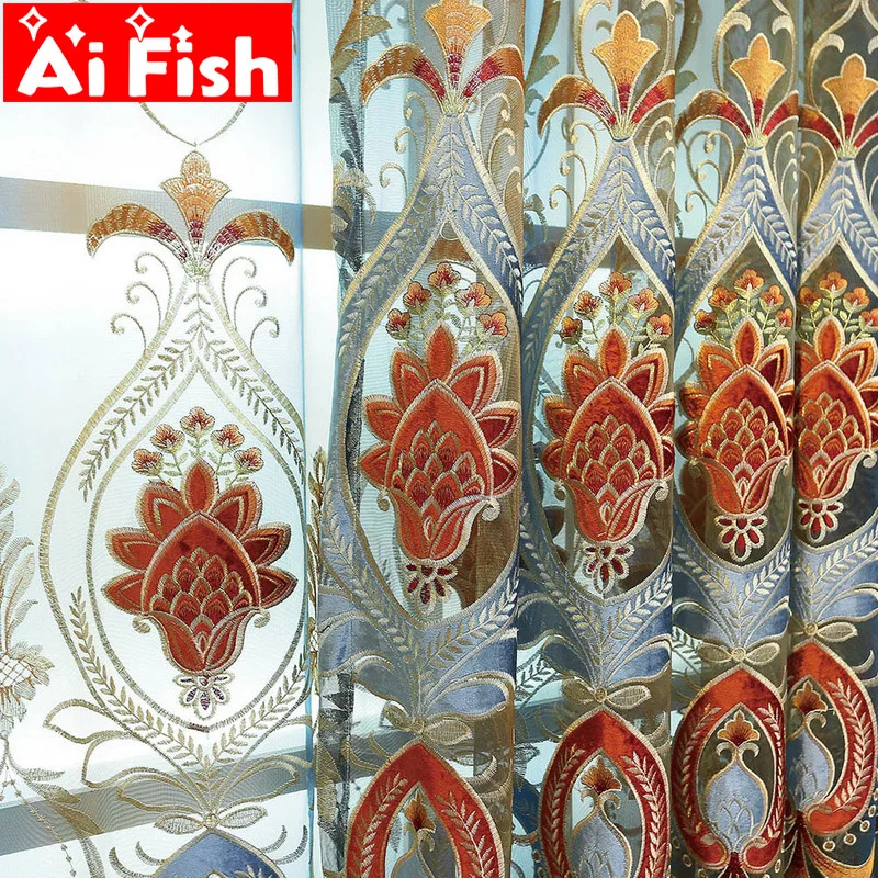 

European Chenille Hollow Embroidery Blackout Curtains Luxury Transparent Tulle Curtains for living room Screening Panel M126-50