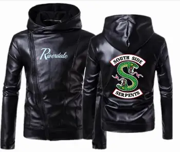 

Men's riverdale leather hooded jacket punk southern snake double zipper hooded leather motorcycle leather jacket