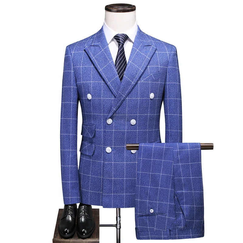 Classic Plaid Stripe Men Business Suit Slim Fit Mens Suit Jacket and Pants with Vest Fashion Double-breasted Men Wedding Suit