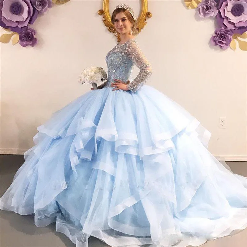 Vestidos de quinceanera милое 16 платье из органзы вечернее платье без спинки с длинными рукавами небесно-голубое платье Новогоднее платье vestido de 15 nos - Цвет: same as picture