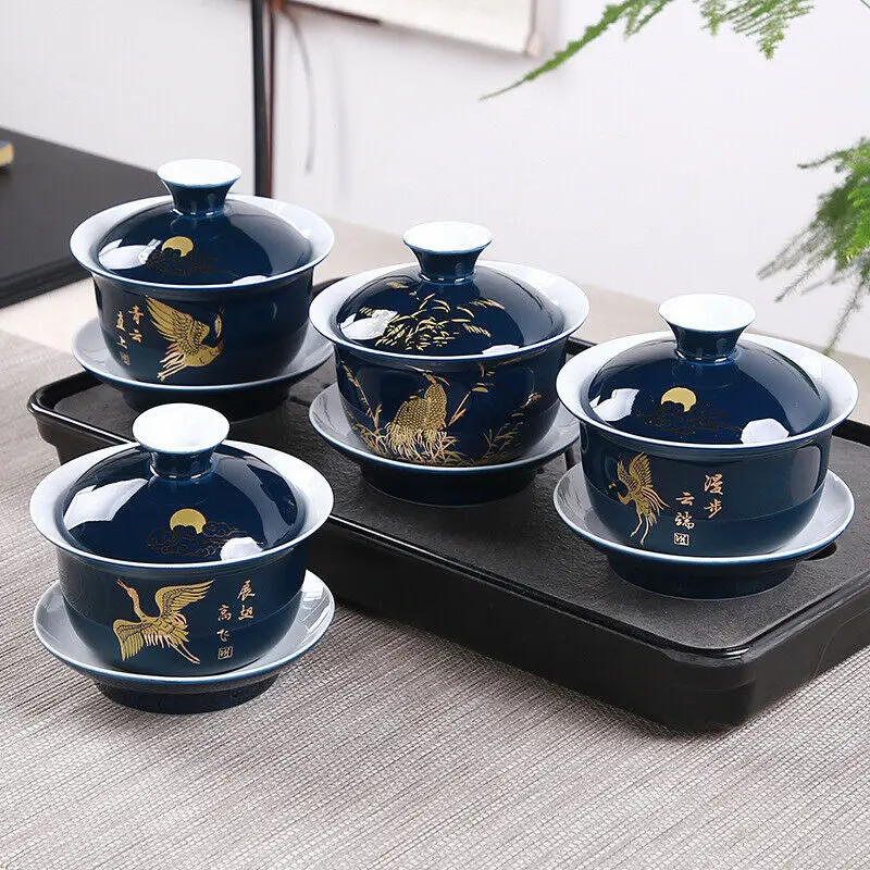 Блестящая голубая керамическая дегустационная чайная чашка Sancai Gaiwan чайная тарелка, китайская чайная чаша, чайная кофейная чашка и блюдце, набор, чашка для питья с крышкой