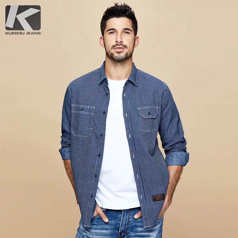 

KUEGOU 2019 Autumn Cotton Striped Black Shirt Men Dress Button Casual Slim Fit Long Sleeve For Male Brand Blouse Plus Size 6116