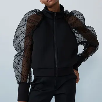 

Jackets For Women Black Short Coat Solid Patchwork Mesh Dot Puff Sleeve Female Jacket Spring Autumn Zipper Elegant Lady Coats
