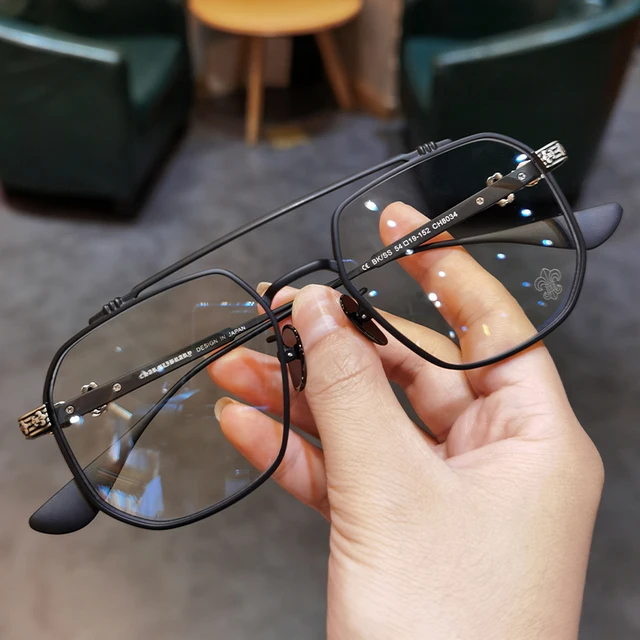 JIANDAN Men and Women Anti-Blue Light Wild Double Beam Irregular Large Frame Glasses Frame Equipped With Myopia Prescription CH8034 Black