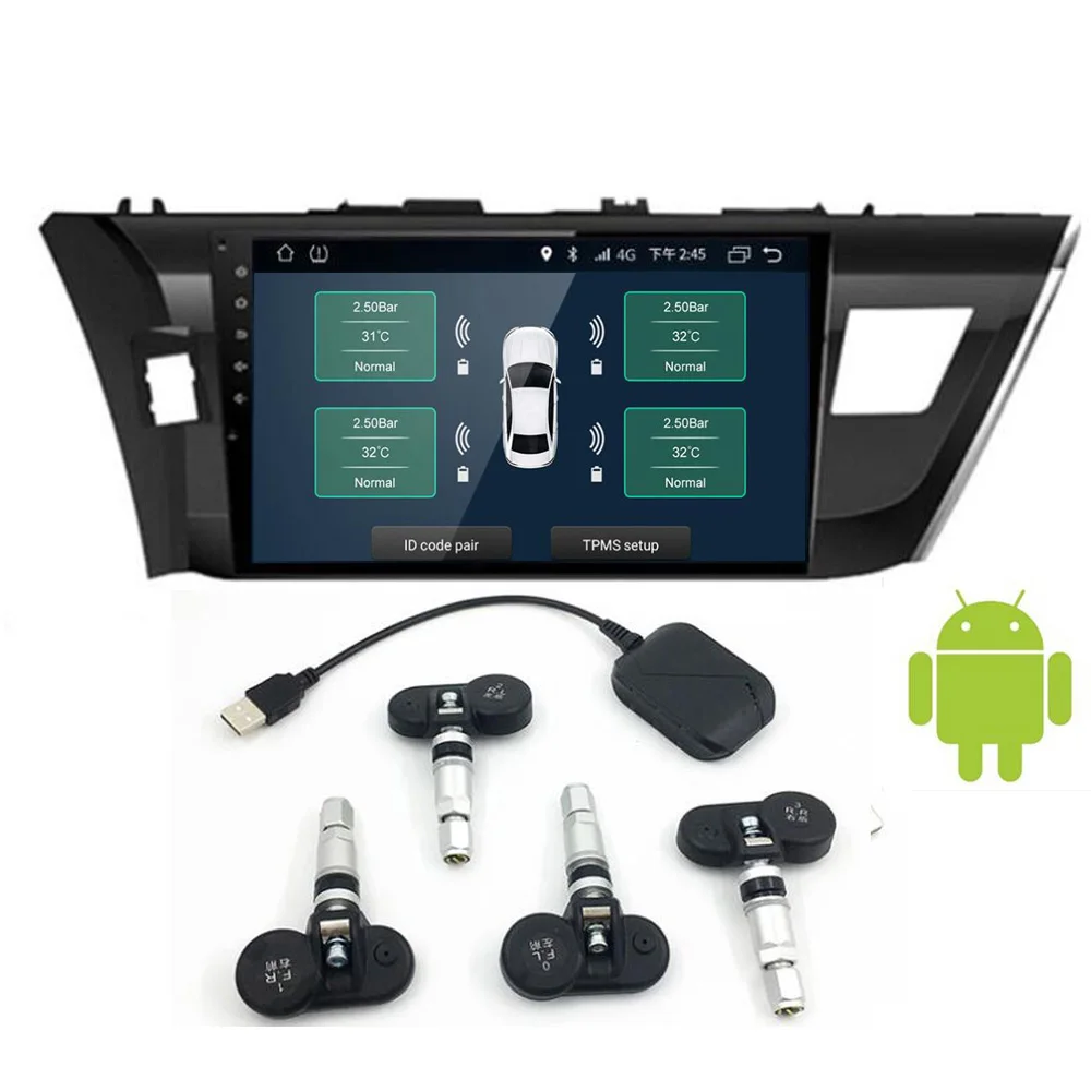  USB Android TPMS coche neumático sistema de monitorización de presión pantalla 4 sensores externos 