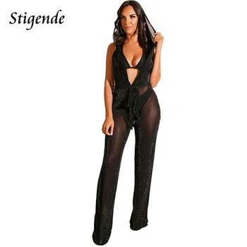 

Stigende Sexy Deep V Neck See Through Jumpsuit Outfits Women Summer Transparent Mesh Jumpsuit Backless Hooded Jumpsuit Clubwear