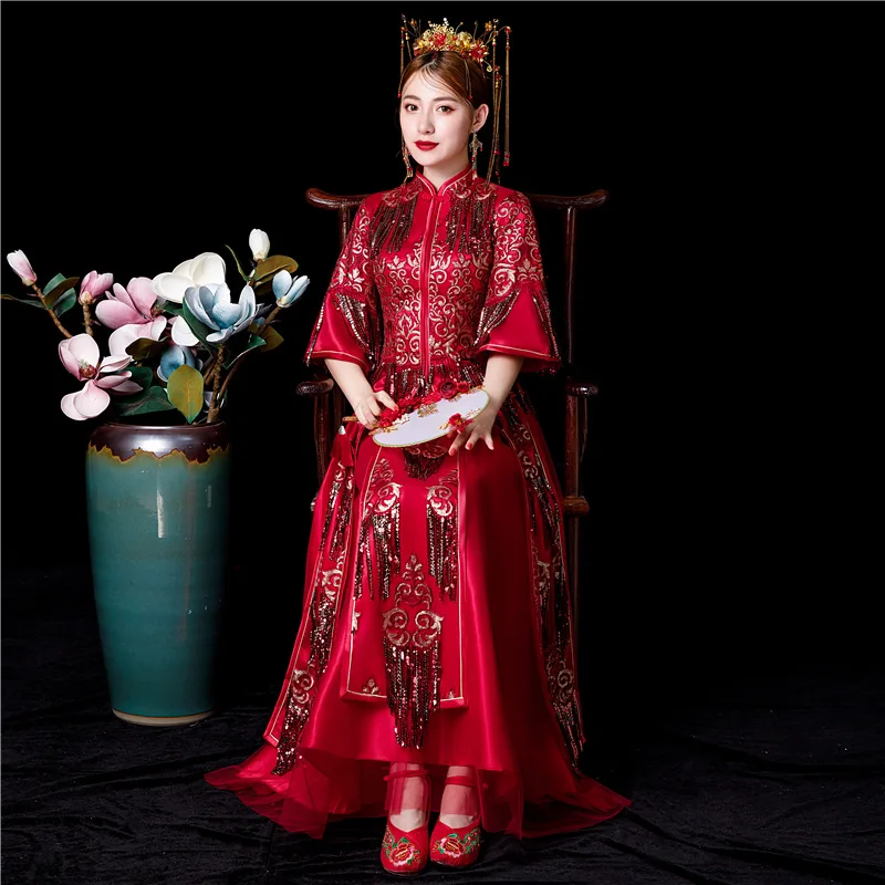 Красное китайское свадебное платье Cheongsam с цветочным узором, традиционное Стильное женское Сетчатое вечернее платье с блестками, длинное платье Qipao, одежда S-4XL