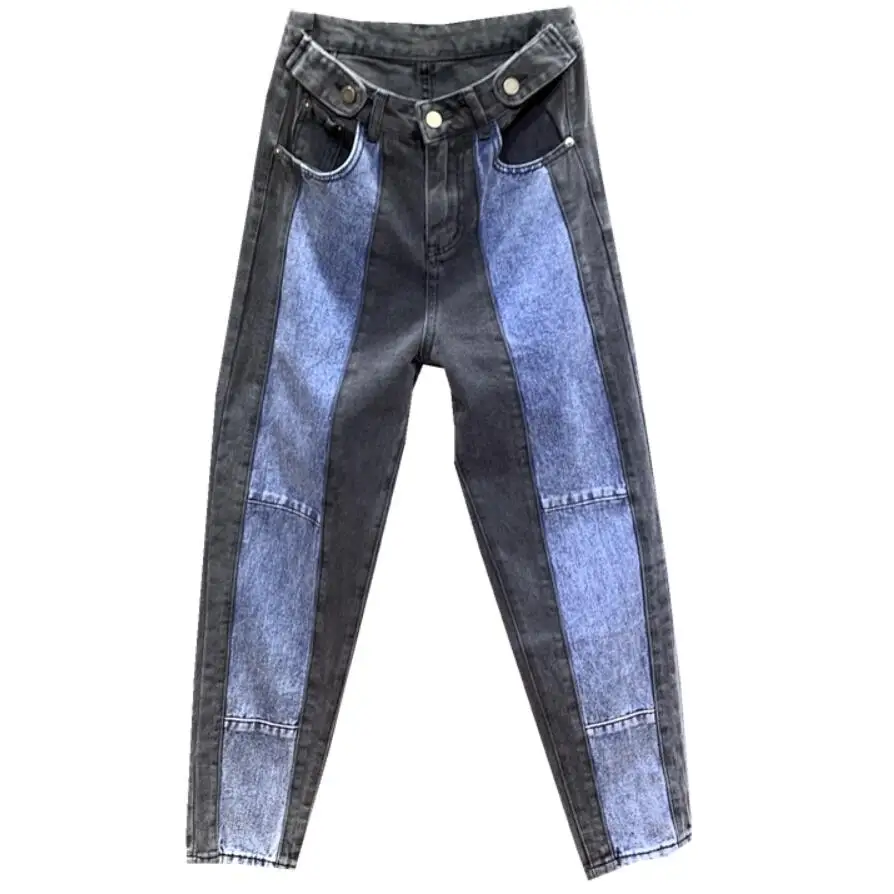 autumn new fashion stitching contrast color jeans women high waist loose carrot pants straight