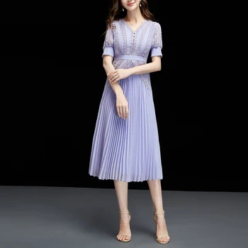 

Summer 2020 New Women's Style Waist Collection Chiffon Long Short Sleeve Thin Medium Long Pleated Dress