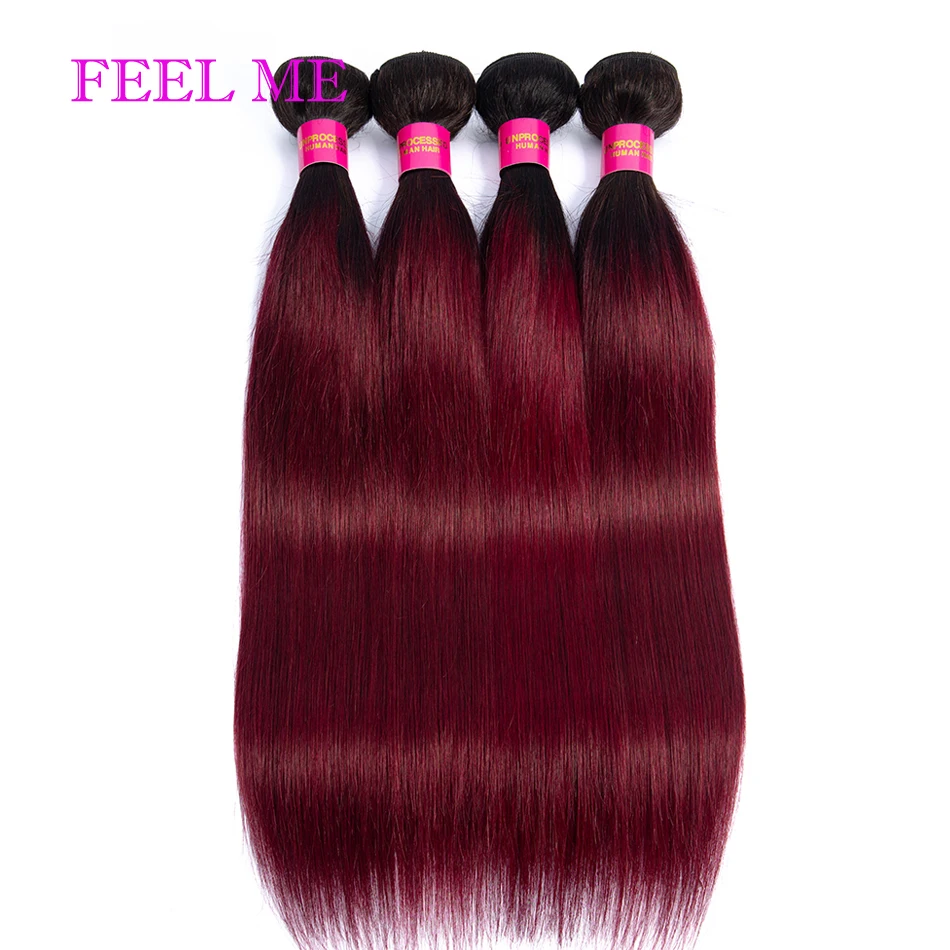 

FEELME Ombre Straight Human Hair Bundles 1b/99j Burgundy Brazilian Hair Weave Bundles For Black Women Dark Red Remy Hair