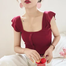 

HELIAR Women Wine Knitted Crop Top Lady Tube Tops Camis Tees Button Up Crop Tops For Women 2021 Summer