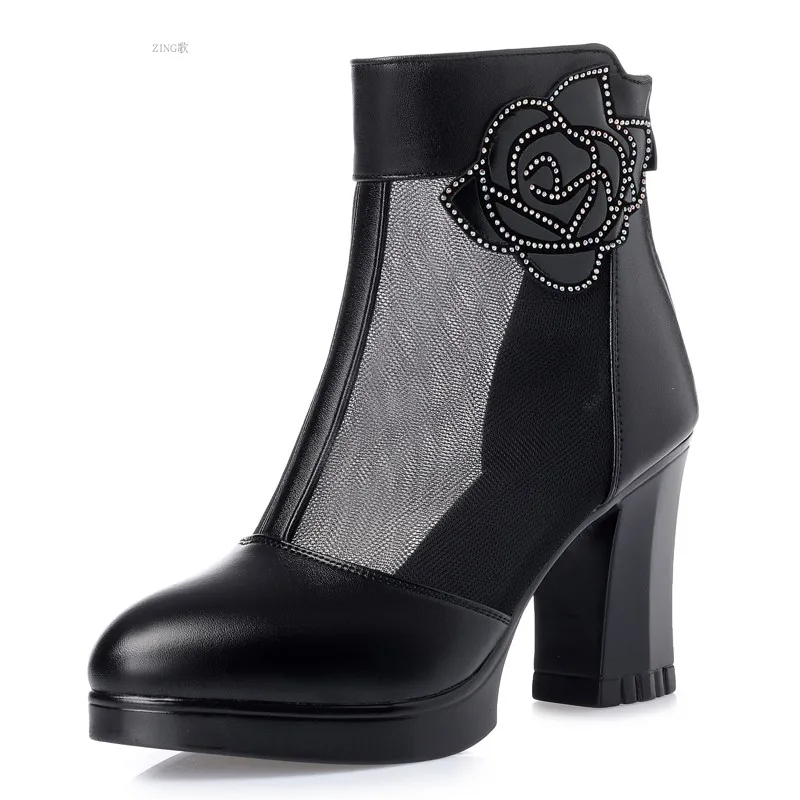 

Summer Women's Leather Boots High Heel Thick With Net Boots Women's Shoes With Mesh Sandals Single Shoes