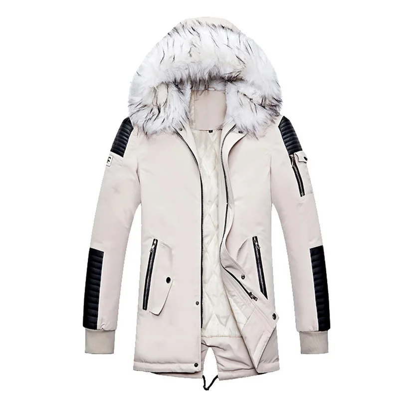 

PUIMENTIUA 2019 Winter Faux Fur Collar Long Thick Cotton Parkas Jacket Coat Men Hooded Pockets Outwear Waterproof Jacket Parka