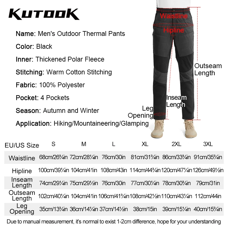 KUTOOK Men's Trekking Pants Thermal Cotton Autumn Winter Windproof Hiking Pants Casual Trousers Outdoor Camping Mountaineering