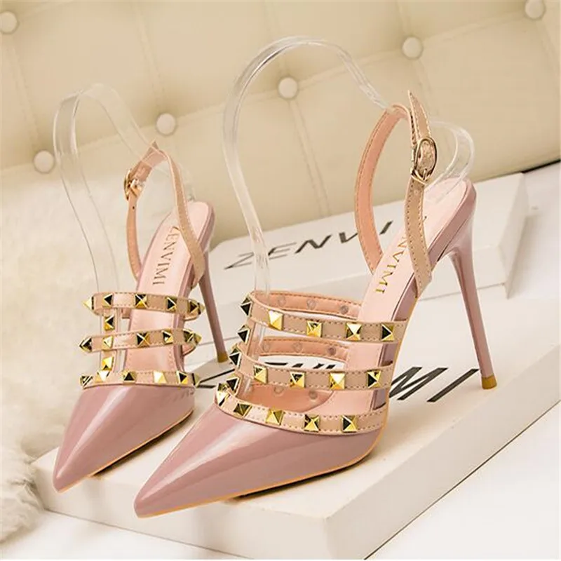 2024 New 10CM PUMPS Sexy pointed Roman high heels nightclub was thin rivets female sandals stiletto back empty women's shoes