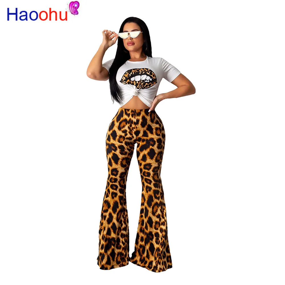 

HAOOHU new product 2019 summer sexy lady leopard long pant set short sleeve T shirt set sexy lady streewear fashion new set