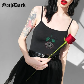

Goth Dark Rose Embroidery Black Tank Tops Women Bodycon Summer 2020 Short Sexy Fashion Ladies Camis Short Sleeveless Vintage