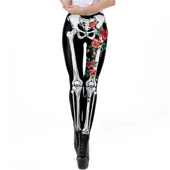 

Black 3D Print Roses White Skeleton Bone Halloween Leggings for Women Cute Female Day of the Dead Printed Skeleton Leggings