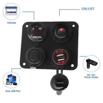 

Car Accessories 4 Hole Switch Panel Red LED Boat On-Off Switch With Dual USB Ports Car Charger Voltmeter 12-24V