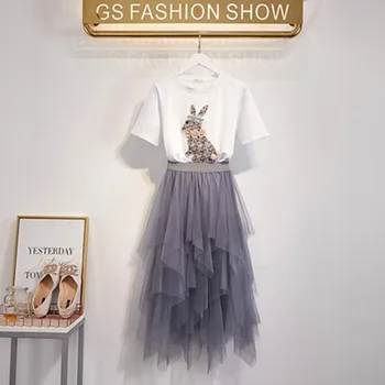

New Women 2 Piece Set Cartoon Embroidery T-shirt + Summer Fashion High Waist Irregular Western style Mesh Skirt Sets